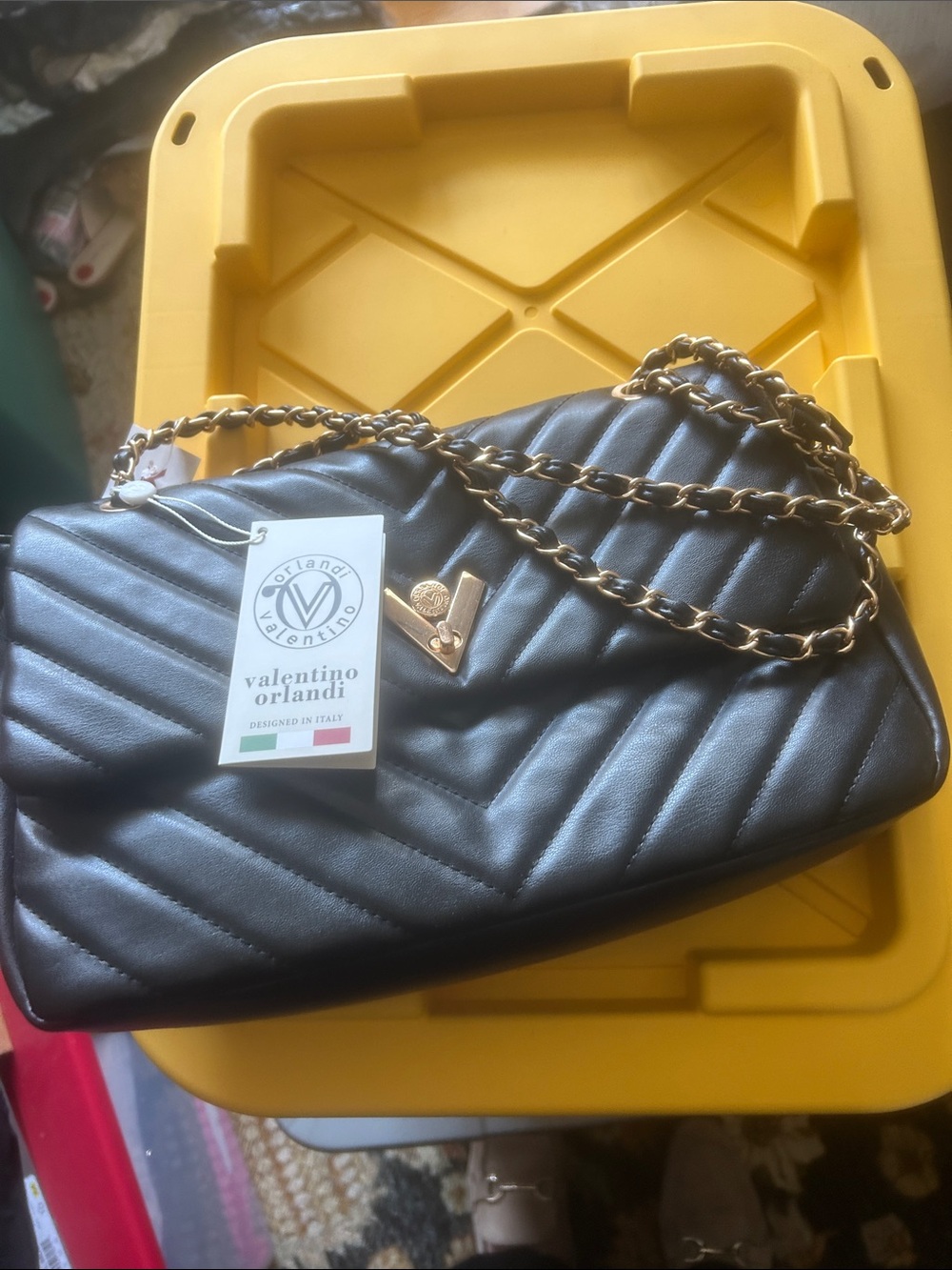 Valentino Orlandi Black Quilted Shoulder Bag with Gold Chain
